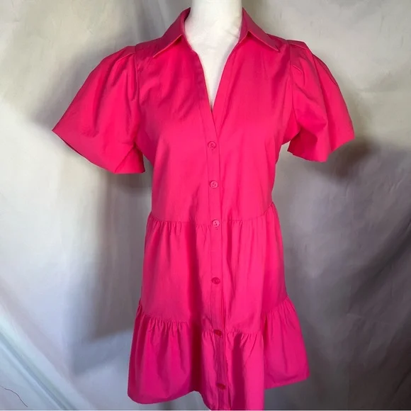 Brochu Walker Havana Puff Sleeve Tiered Mini Dress Vibrant Pink Small Preppy - Picture 2 of 8